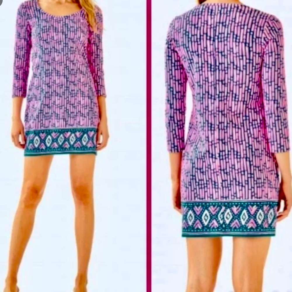 Lilly Pulitzer Sophie Dress Pink Navy Geometric UPF 50+ 3/4 Sleeve‎ Shift Mini